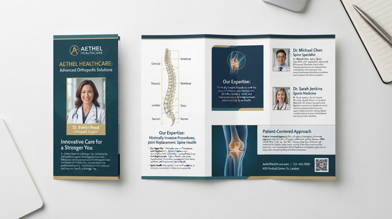 Custom medical brochure design with anatomical diagrams and physician profiles for orthopedic practice