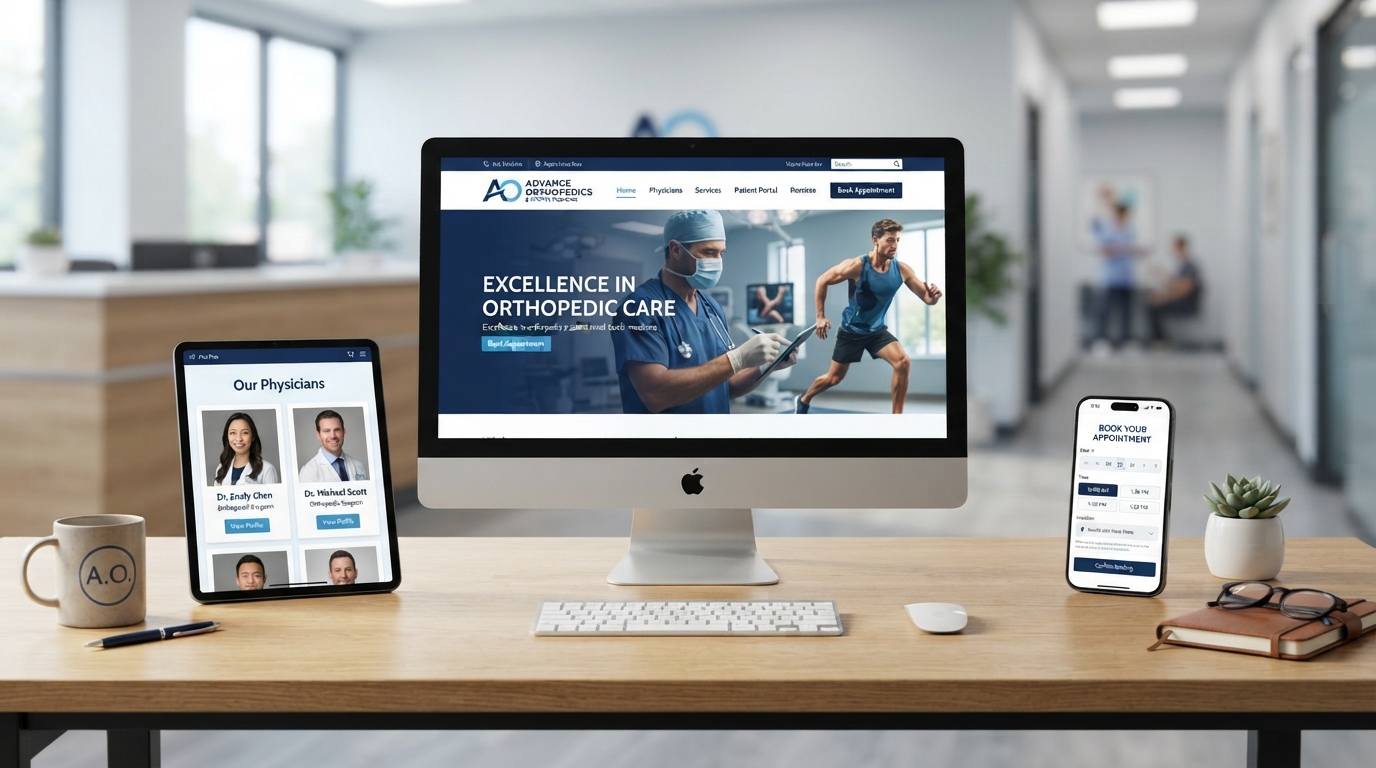 Responsive medical website design displayed on desktop, tablet, and smartphone for orthopedic practice
